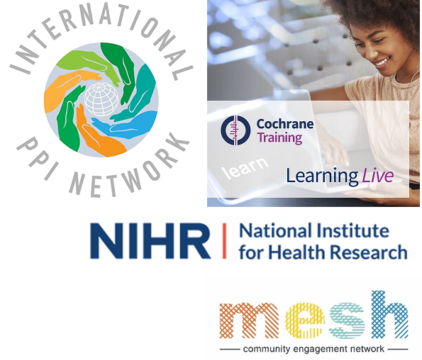 Logos for the International PPI Network, NIHR, mesh community engagement network and Cochrane Training: Learning Live